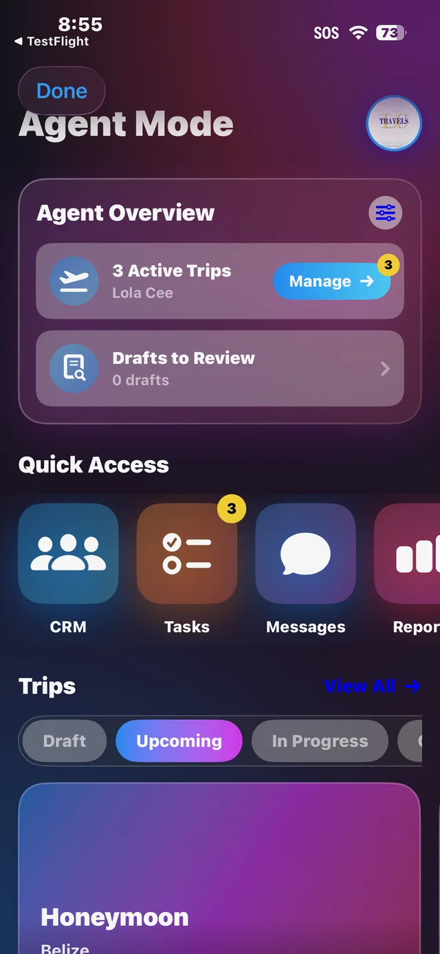 Tripsetta advisor dashboard showing active trips and tasks